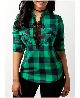 Green Lace Up Front Plaid Print Blouse